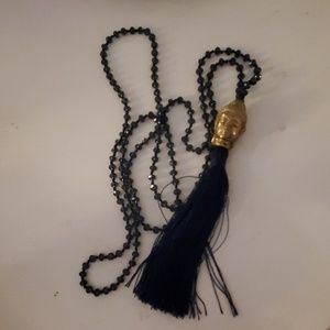 Navy crystal and fringe tassel Buddha necklace